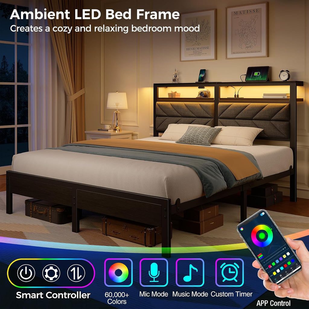 Seventable Bed Frame Full Size with Charging Station, LED Bed with Upholstered Storage Headboard, Metal Platform Bed with Under Bed Storage, No Box Spring Needed, Noise Free, Easy Assembly, Grey