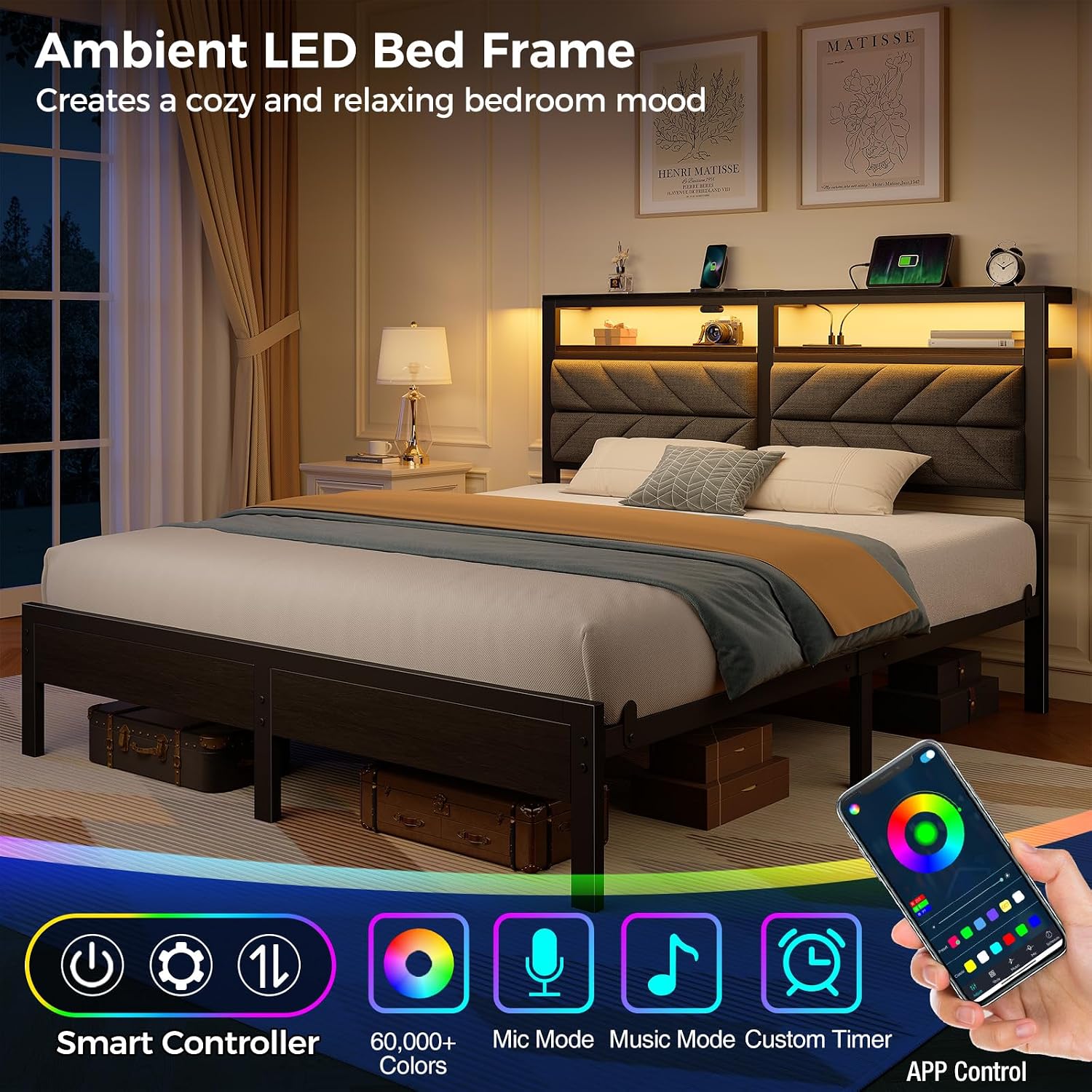 Seventable Bed Frame Full Size with Charging Station, LED Bed with Upholstered Storage Headboard, Metal Platform Bed with Under Bed Storage, No Box Spring Needed, Noise Free, Easy Assembly, Grey