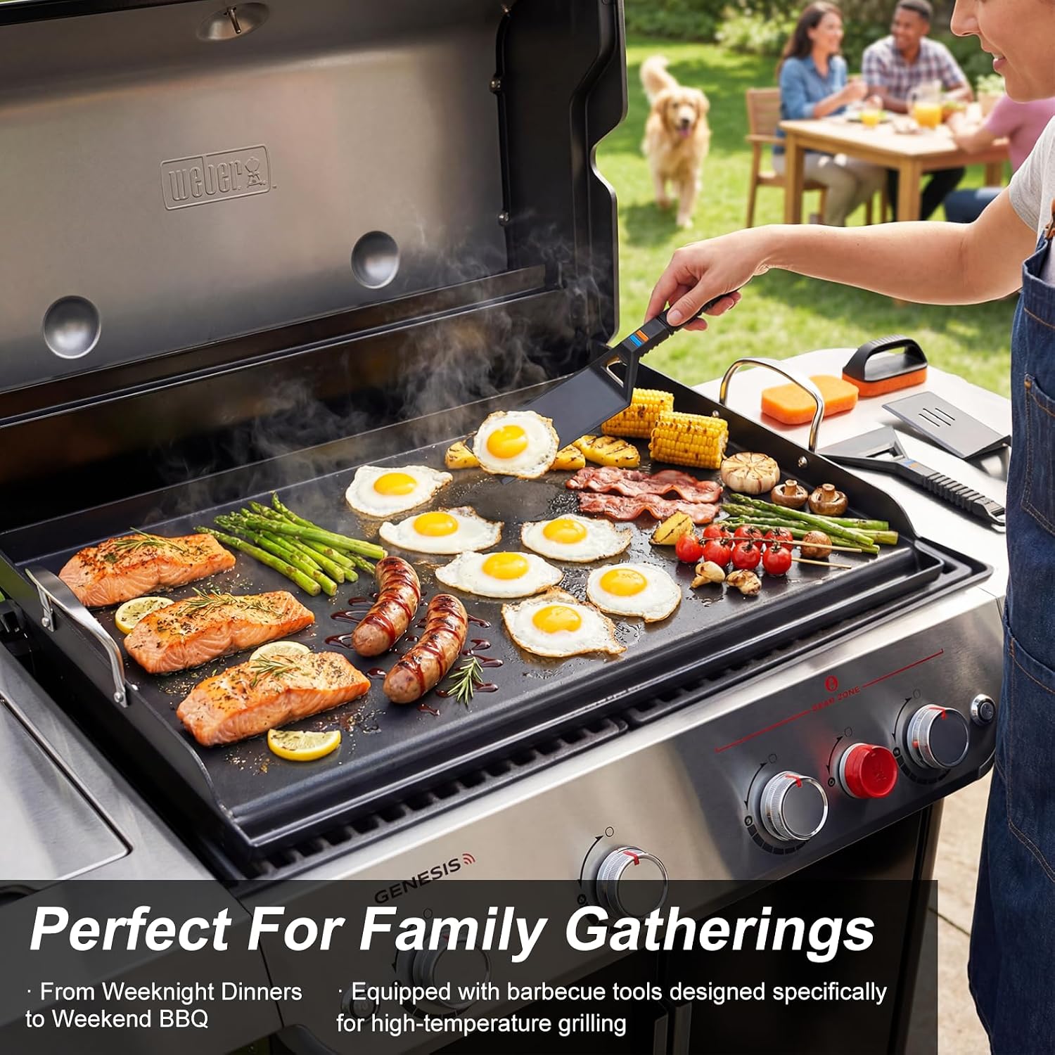Cast Iron Griddle for Gas Grill with 5-Piece Silicone Griddle Tool Kit 25' x 16' Nano-Ceramic Nonstick Grill Griddle for Gas Charcoal Grills Flat Top Grill Accessories with Stainless Steel Core Tools