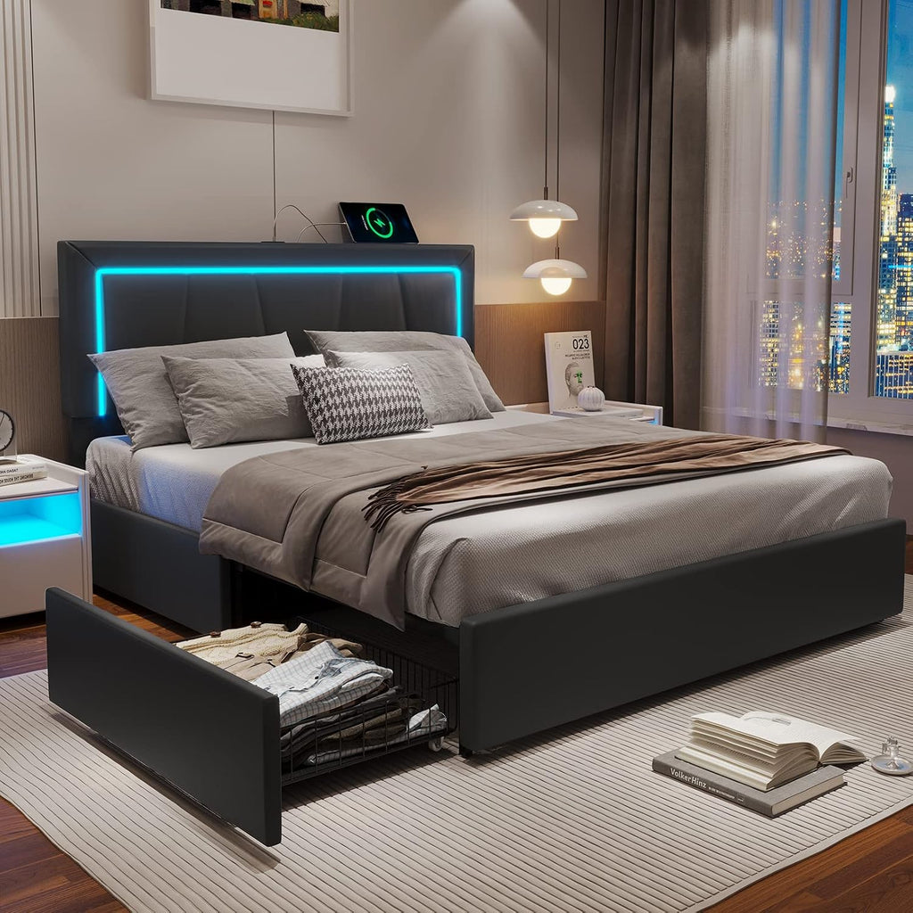 Hasuit Full Bed Frame with 4 Storage Drawers Underneath, Upholstered Platform Bed Full Size with Artificial Leather Headboard, Modern Bed with LED Light, and Charging Station, Black