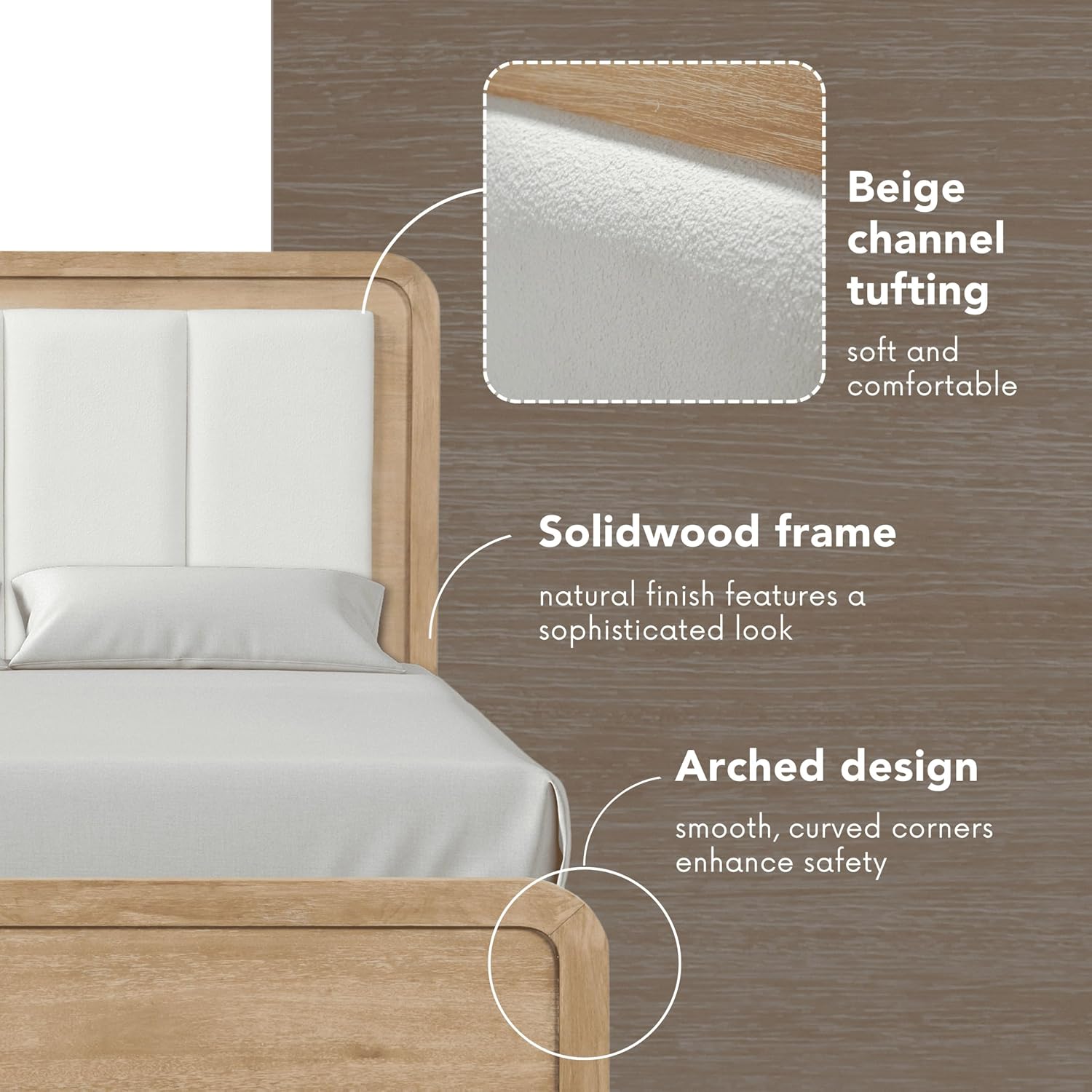 Furniture of America Verena Boho Solid Wood 3-Piece Bedroom Set with Padded Headboard Bed, Metal Side Glide, Finger Pulls on Nightstand and Chest, Box Spring Needed, Queen, Natural