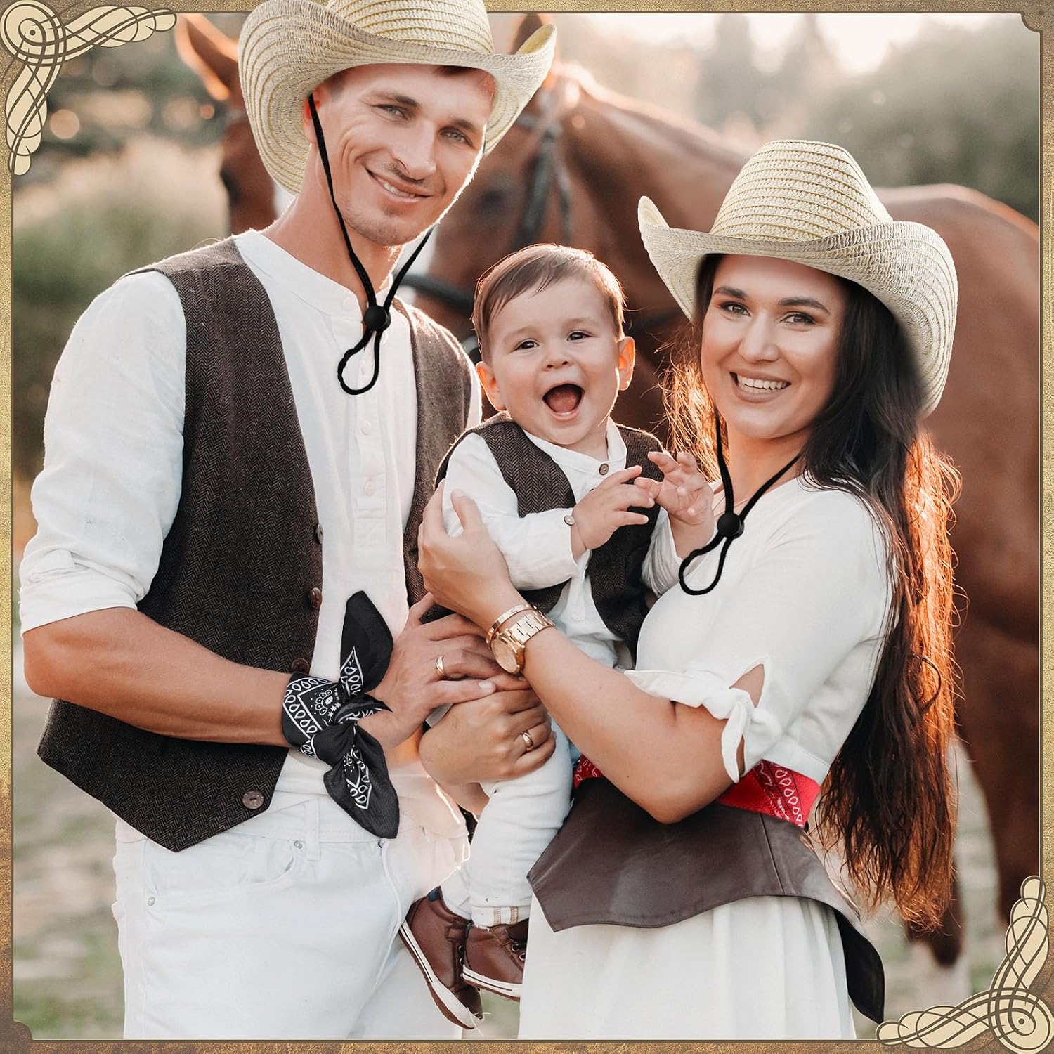 Unittype 48 Set Straw Cowboy Hats with Paisley Bandanas Set Rodeo Cowboy Party Accessories 48 Straw Hats Black Red Blue Bandanas for Western Birthday