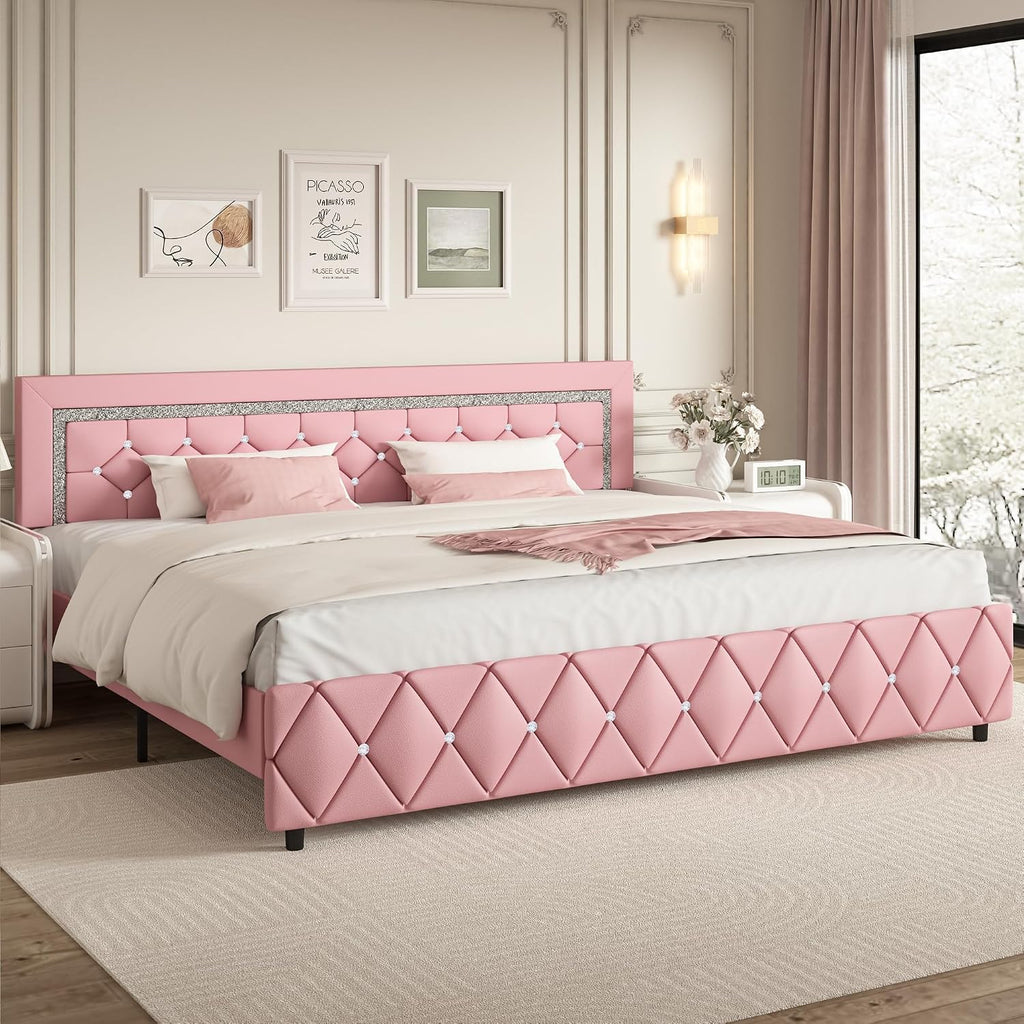 BarnFurin King Size Bed Frame, Faux Leather Upholstered Bed with Diamond Tufted Headboard, Modern King Size Bed with Wooden Slats Support, No Box Spring Required, Easy Assembly, Pink