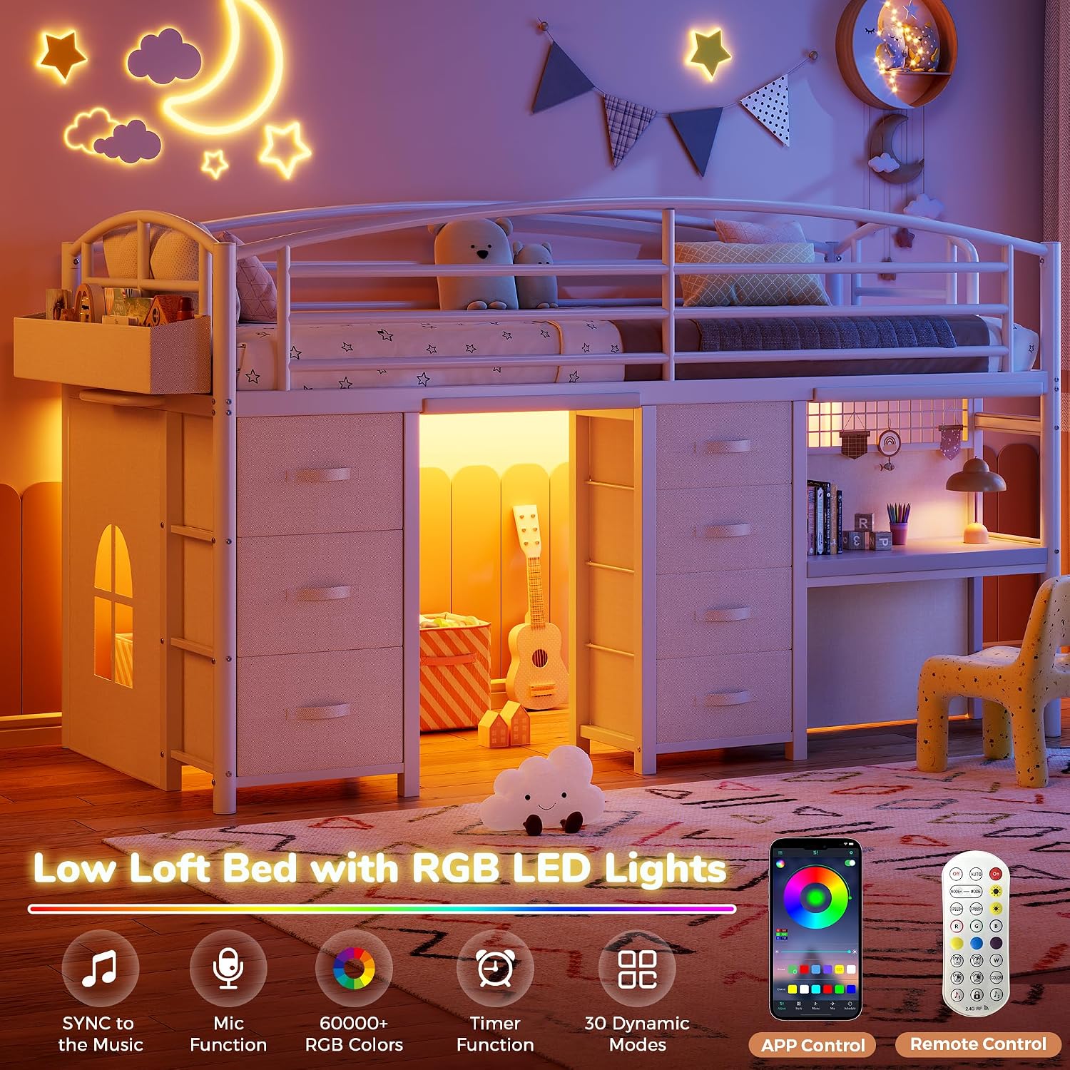 Low Loft Bed Twin Size with 7 Storage Drawers, Desk and LED Lights, Heavy Duty Metal Kids Loft Bed with 12' H Safety Guardrail, Anti-Collision Pad, Private Play Curtain, Under-Bed Play Space - White