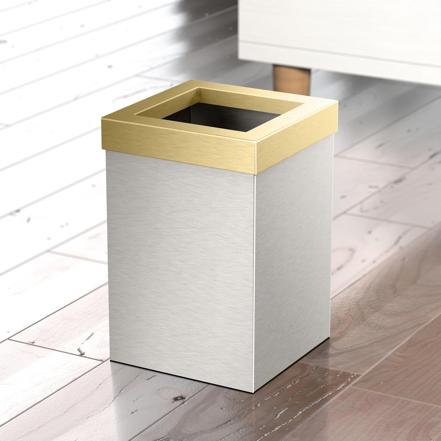Gatco Small Bathroom Trash Can with Lid, Square 3 Gallon Stainless Steel Wastebasket, Under Sink, Satin Nickel and Brushed Brass, for Bathroom, Bedroom, Office (1914B)