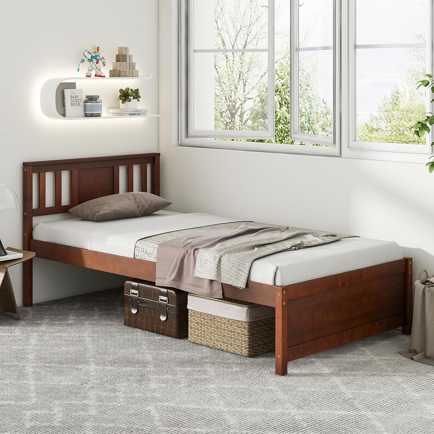 Giantex Twin Bed Frame With Headboard, Mid Century Solid Wood Platform Bed, Single Panel Bed With Slat Support, No Box Spring Needed, for Kids, Walnut