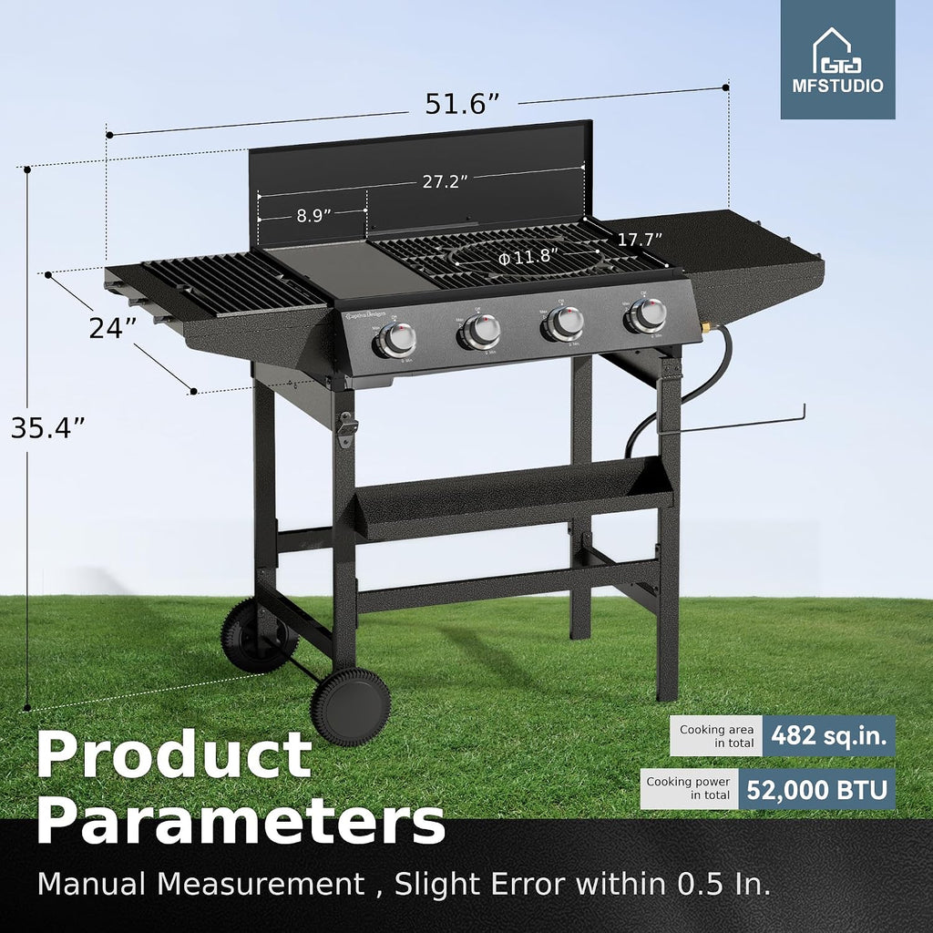 MFSTUDIO Gas Griddle Flat Top Grill, 4 Burner Propane Grill Combo with Porcelain-Enameled Cast Iron Grates, 482 SQ.IN. Cooking Area, 52,000 BTU High Output for Outdoor Patio Barbecue and Meals