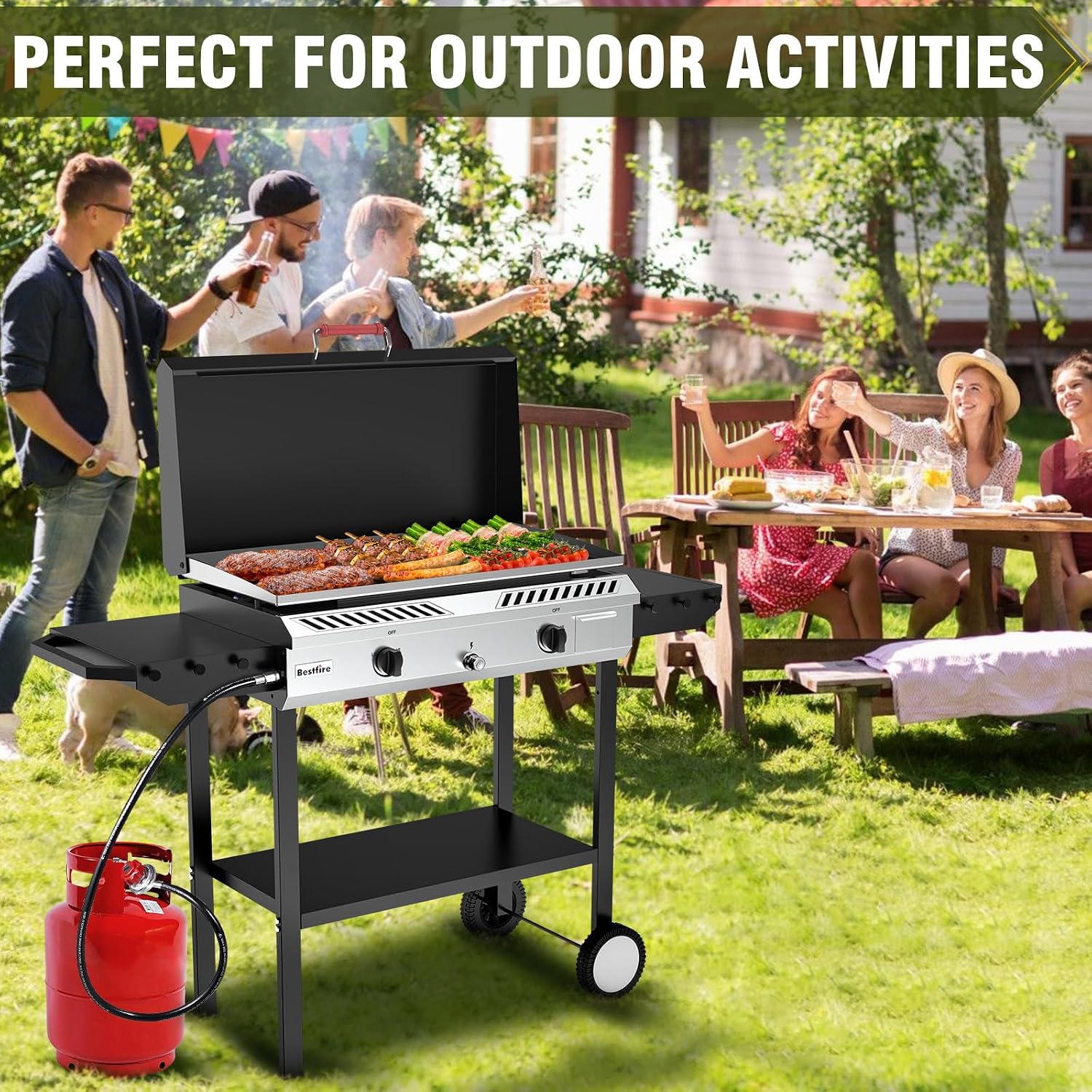 Bestfire 2 Burner Outdoor Propane Gas Stove with Auto Ignition & Regulator, 150,000 BTU High-Pressure Stand Cooker with Flat Top Grill Griddle & Shelf, Portable Cast Iron Burner for Canning & Frying