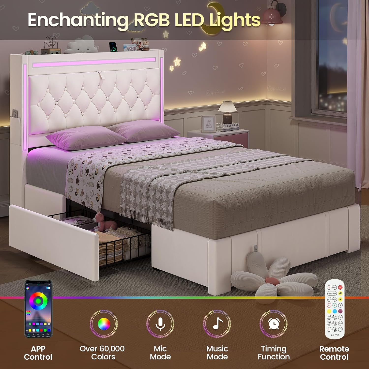BTHFST Twin Upholstered LED Bed Frame with 3 Drawers, Velvet Hidden Storage Headboard with Charging Station, Button Tufted Headboard Princess Girl Twin Bed, No Box Spring Needed, Beige