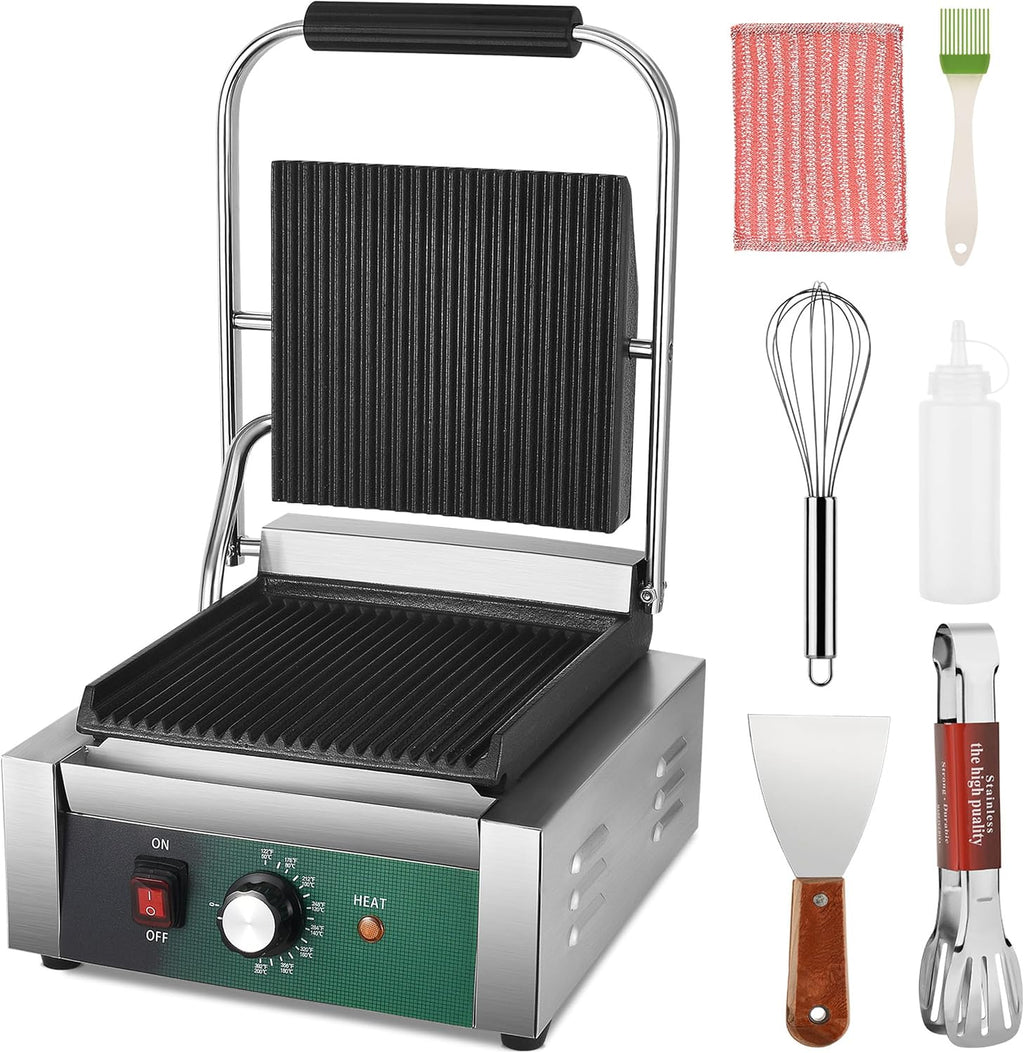 Commercial Panini Press, 2200W Panini Grill Press Sandwich Maker with Non-Stick Grooved Plates and Adjustable Temperature Control, Double-sided Heating Electric Griddle