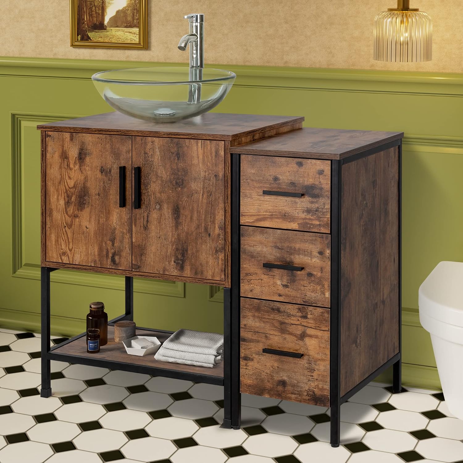 UEV 36' Antique Bathroom Vanity, Dark Brown Bathroom Vanity Set with Sink and 3 Drawers Side Cabinet Combo, Iron Wood Bathroom Cabinet with Adjustable Water Temperature Faucet (A16)