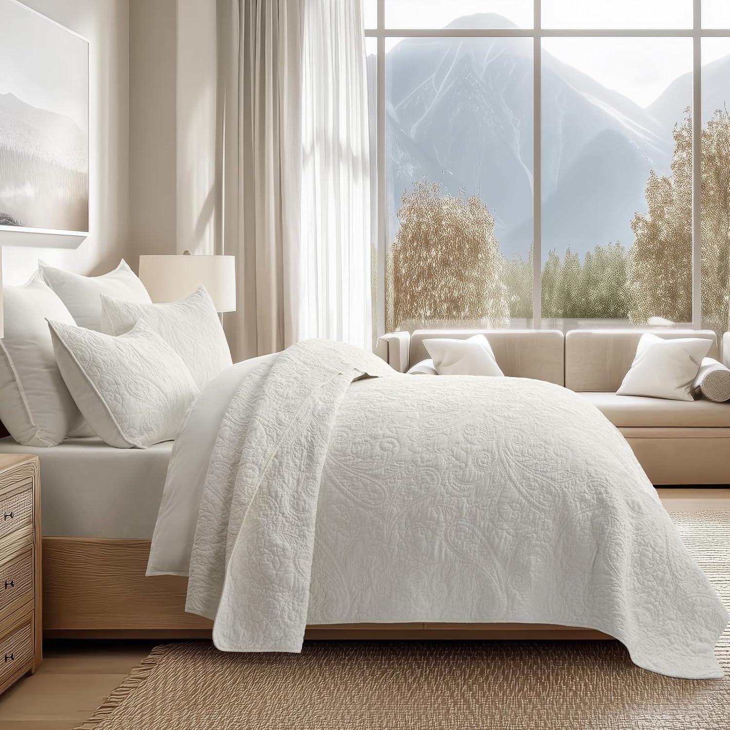 EVERGRACE 100% Cotton Paisley Quilt Set, Oversized King 3 Piece Set – Prewashed Lightweight Bedspread with 2 Shams, Soft & Breathable Matelasse-Style Quilted Coverlet, Bright White