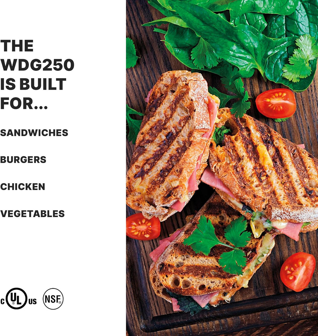 Waring Commercial Panini Press, Ribbed & Flat Cast Iron Plates, 14.5' x 11' Cooking Surface, 570°F Adjustable Thermostat, for Sandwiches up to 3' Thick, Professional Kitchen Grill, 120V, WDG250