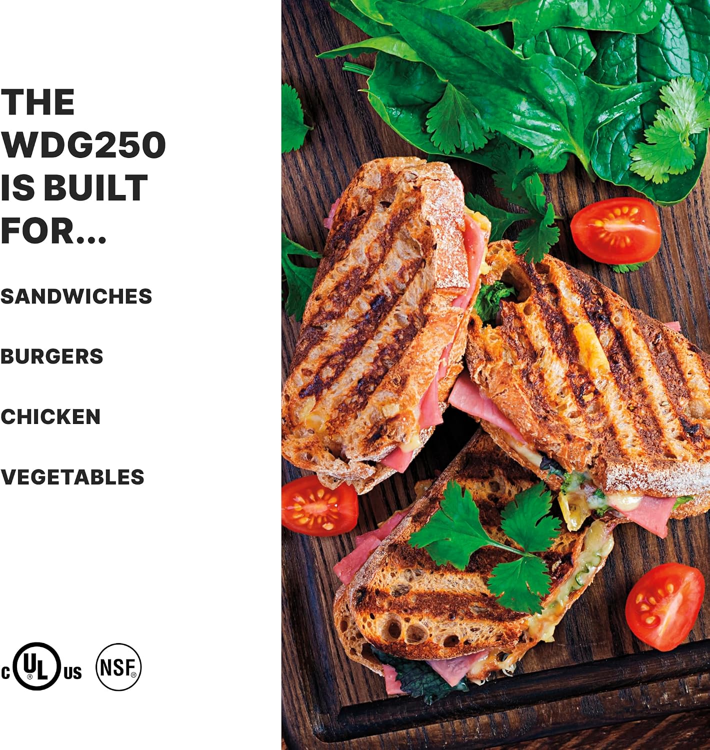 Waring Commercial Panini Press, Ribbed & Flat Cast Iron Plates, 14.5' x 11' Cooking Surface, 570°F Adjustable Thermostat, for Sandwiches up to 3' Thick, Professional Kitchen Grill, 120V, WDG250