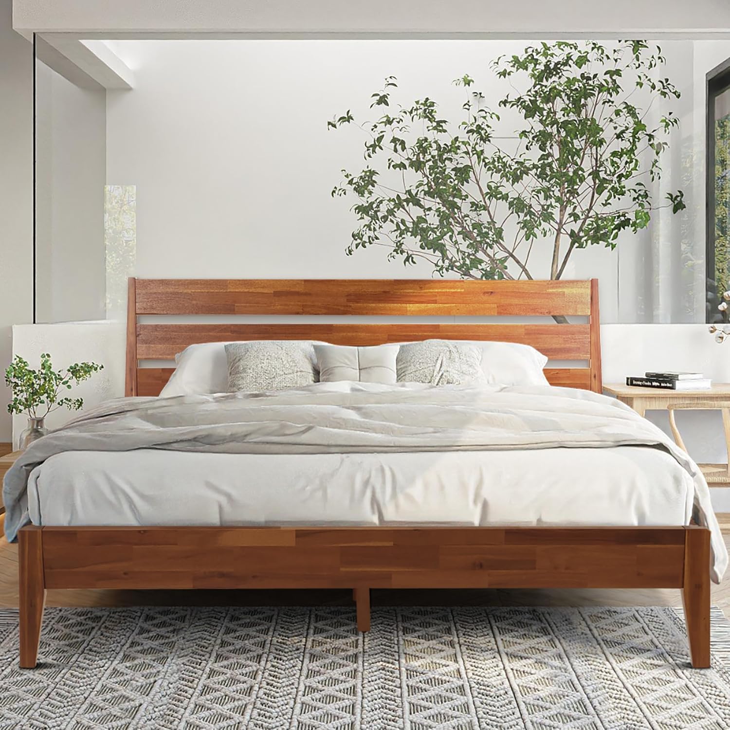 Acacia Emery Bed Frame with Headboard Solid Wood Platform Bed, King Size Bed Frame, Mid - Century Modern Wood Bed Compatible with All Mattresses, Easy Assembly, Non-Slip, Walnut