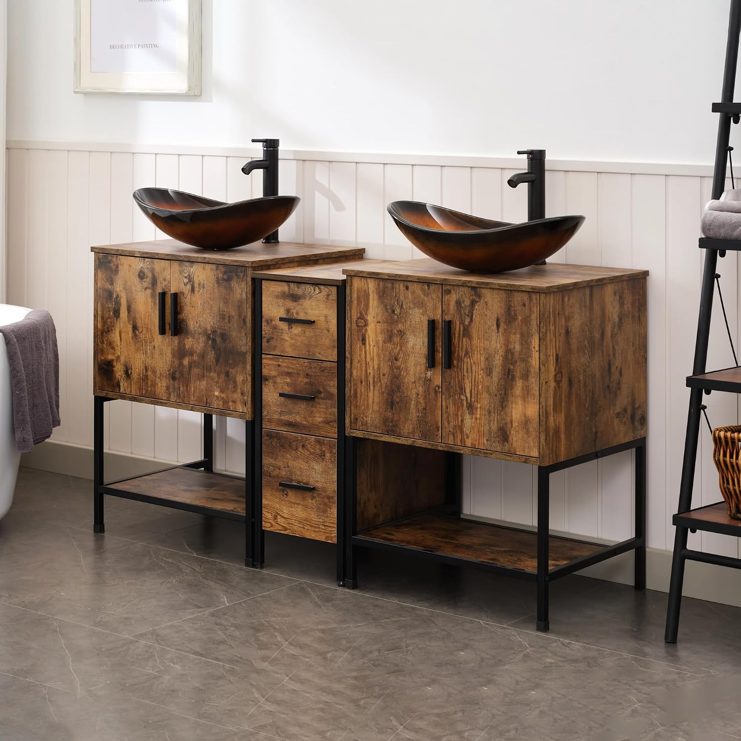UEV Rustic Brown 60' Double Bathroom Vanity with Sink Combo,Industrial Iron Frame 2 Main Bathroom Vanity with Middle 3 Drawers Cabinet,Modern Brown Boat Tempered Glass Vessel Sink(029BR)