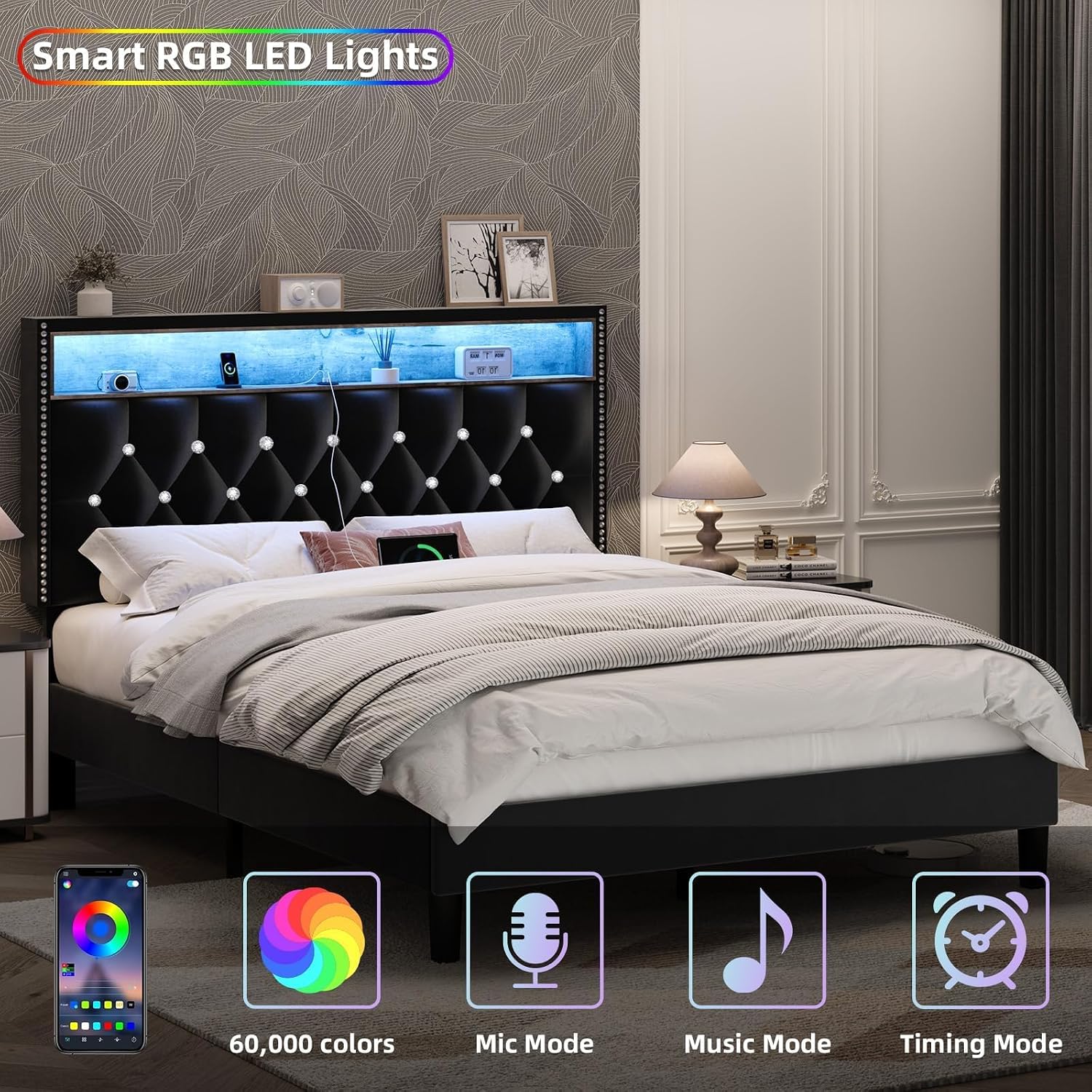 HOMBCK Queen Size Bed Frames with LED Lights and Headboard, Velvet Upholstered Beds Frames Queen with Charging Station and Storage, Modern Diamond and Rivet Design, No Box Spring Needed, Black