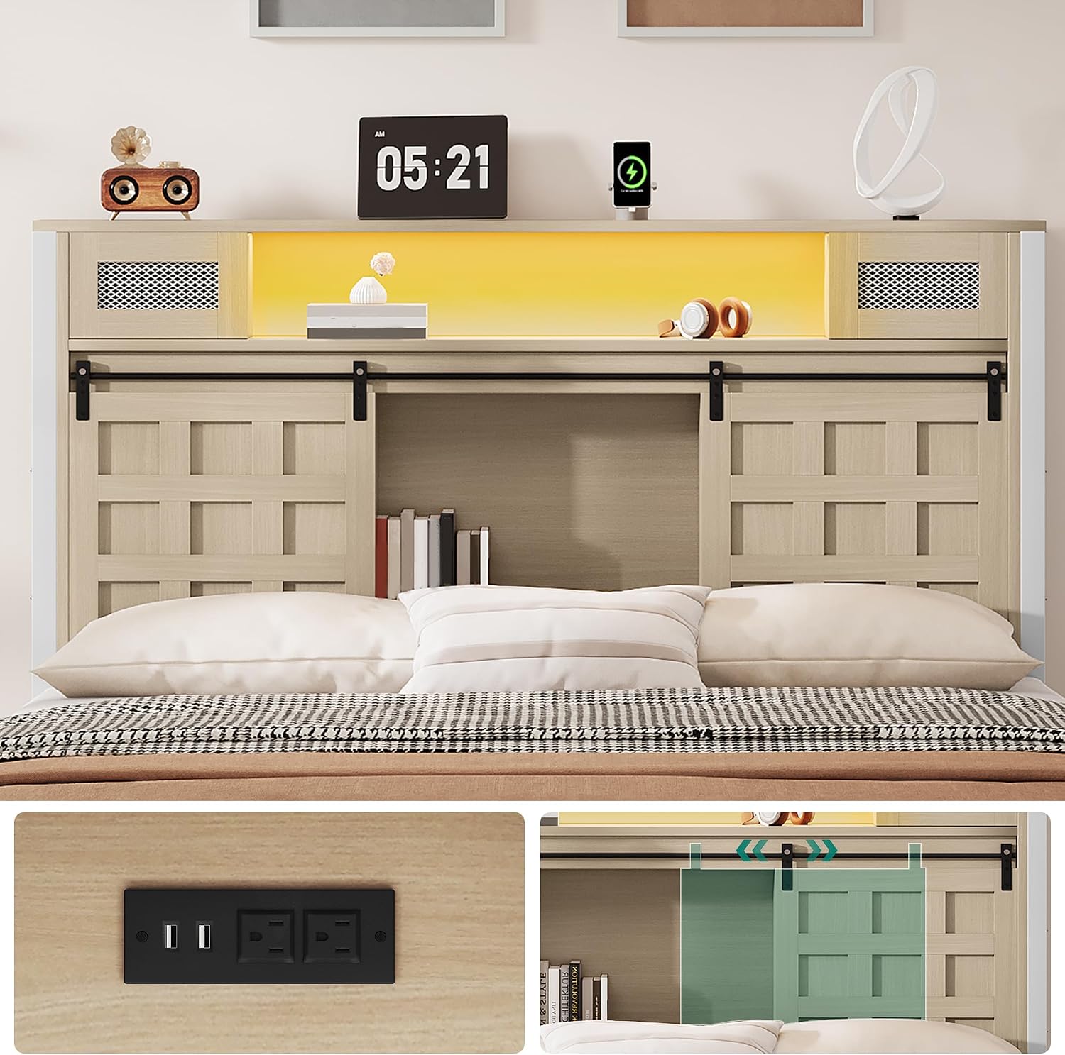 YITAHOME Farmhouse Bed Frame Queen Size, 49.14' Tall Storage Headboard, Led Light & Charging Station, Sliding Barn Door, Wooden Platform Bed Frame, Metal Slats Support, No Box Spring Needed, Oak