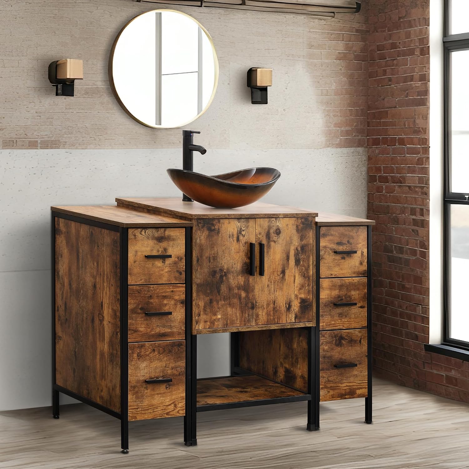 UEV 48' Rustic Brown Bathroom Vanity with Sink Combo,Industrial Iron Frame Bathroom Cabinet Sets with Doulbe 3 Drawers Side Cabinet,Modern Brown Boat Tempered Glass Vessel Sink(029BR)