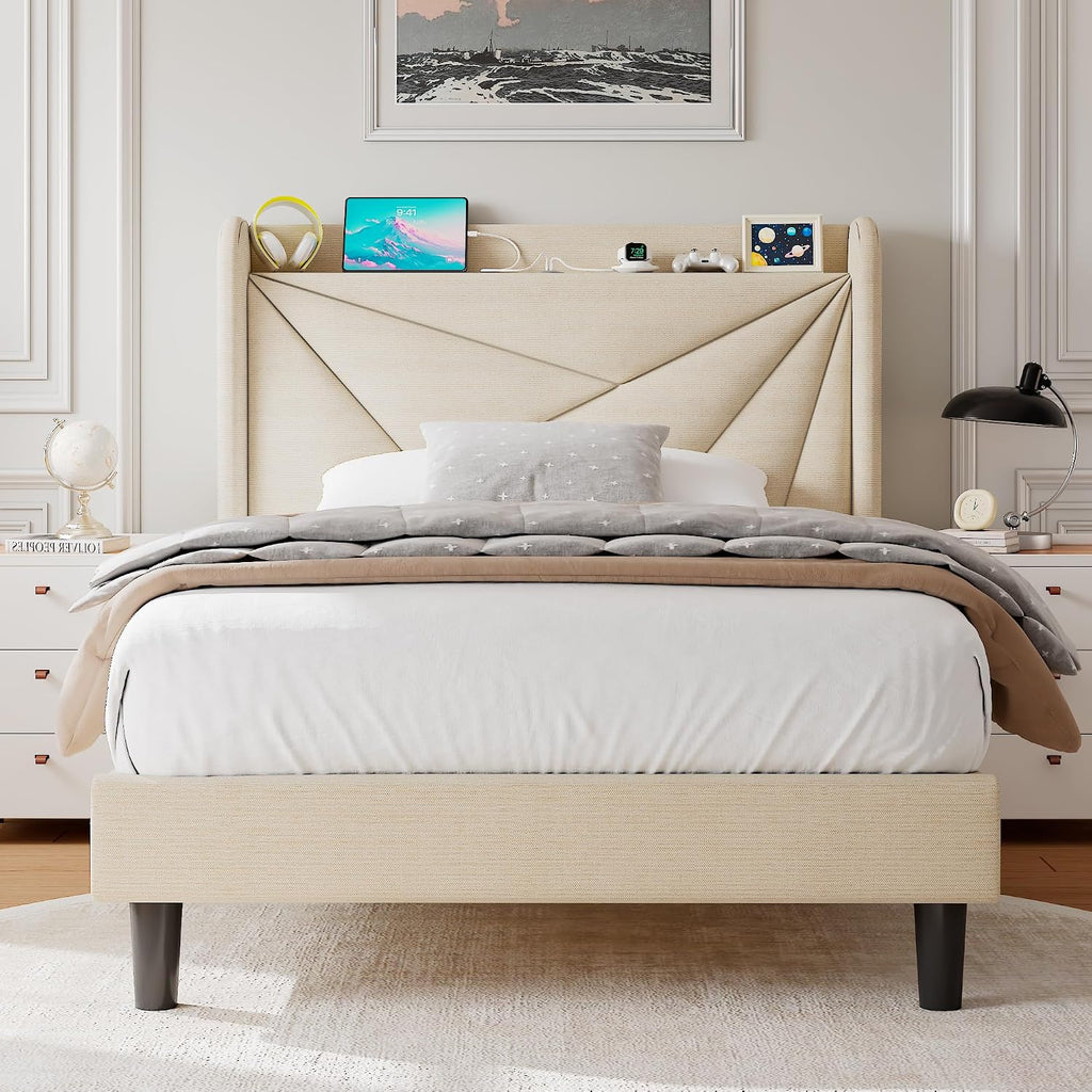 Einhomn Twin Size Upholstered Bed Frame with Charging Station, Platform Bed Frame with Storage Headboard, Solid Wood Slats Support, No Box Spring Needed, Beige
