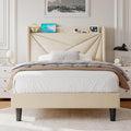 Einhomn Twin Size Upholstered Bed Frame with Charging Station, Platform Bed Frame with Storage Headboard, Solid Wood Slats Support, No Box Spring Needed, Beige
