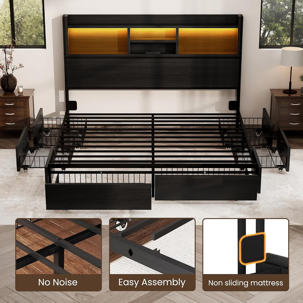 BRELTAM Queen Storage Bed Frame with 6 Drawers, USB Charging Station, No Noise, No Box Spring Required, Vintage Black Headboard Platform Bed