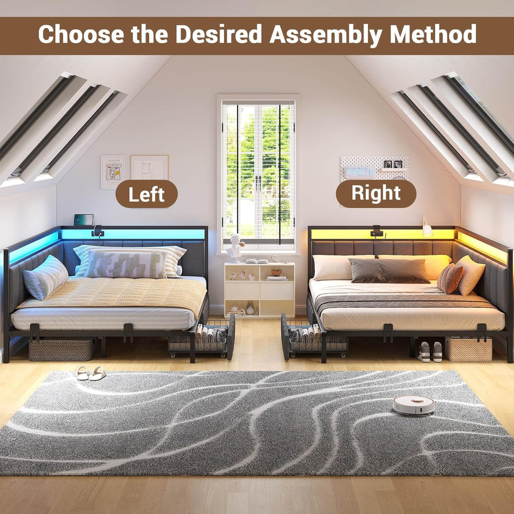 Hasuit Corner Bed Frame with Storage Drawers, Full Daybed with Line Fabric Upholstered Fence, Kids Bed Unit with LED Light and Charging Station, Modern Bed Frame Full Size, Gray