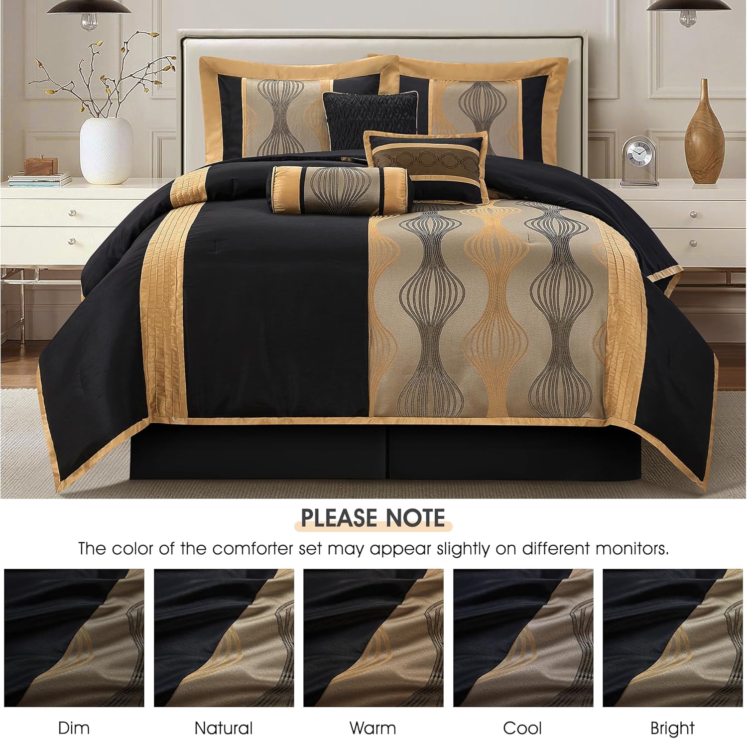 LANCO MODERN LIFESTYLE Queen Comforter Set, Black Gold, 7 Pieces Bed in a Bag, Ultra Soft Jacquard with Solid Piecework, Luxury Bed Set with Comforters, Bed Skirt, Pillow Shams and Decorative Pillows