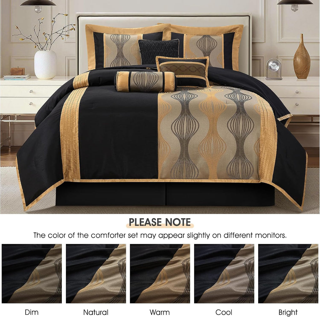LANCO MODERN LIFESTYLE King Comforter Set, Black Gold, 7 Pieces Bed in a Bag, Ultra Soft Jacquard with Solid Piecework, Luxury Bed Set with Comforters, Bed Skirt, Pillow Shams and Decorative Pillows