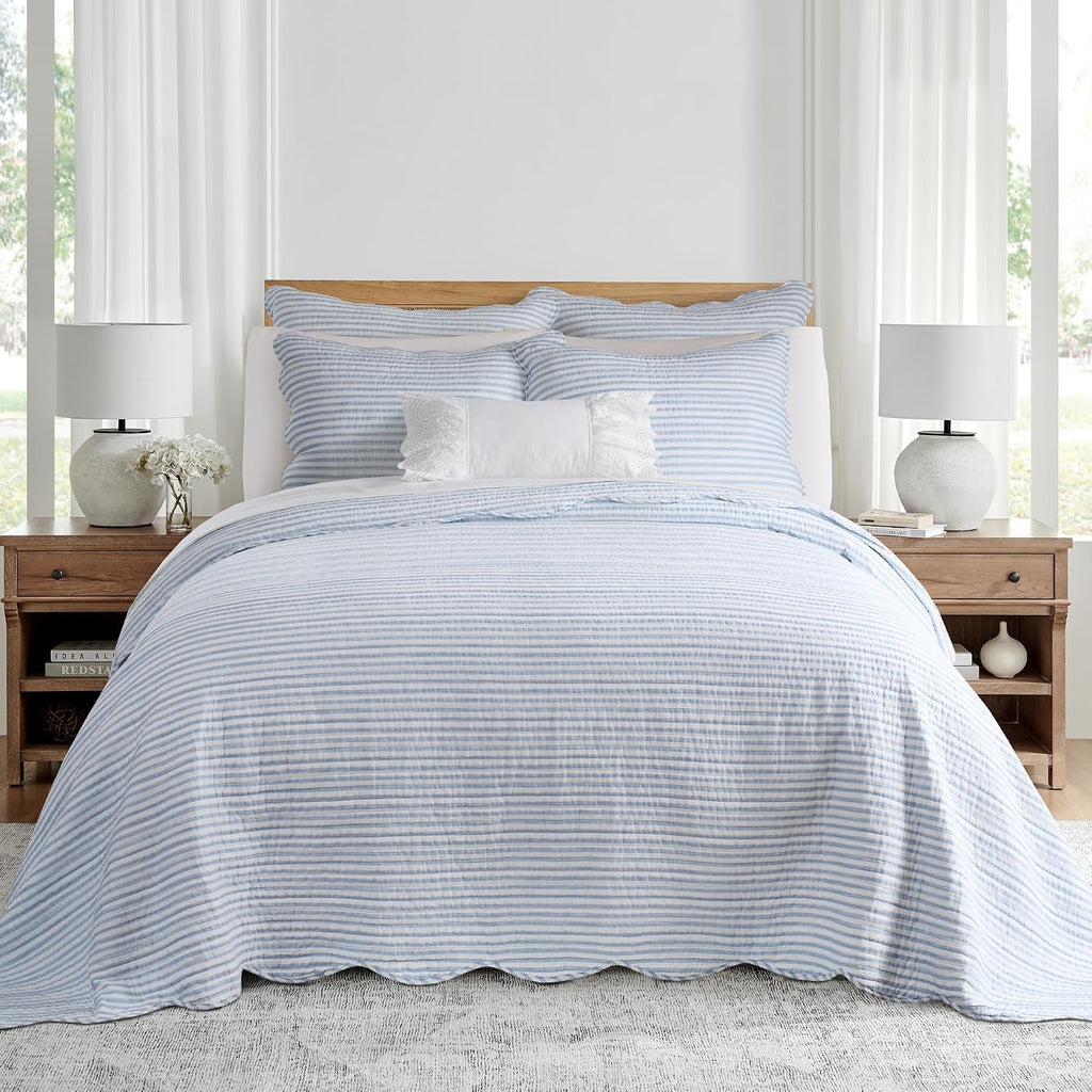 Levtex Home Martha Stripe Blue Reversible King Bedspread Set (120x106in) with 2 Pillow Shams (36x20in) - Stripe Bedding - Blue, White - Cotton King Size Bedspread Bedding Set - Lightweight, Soft
