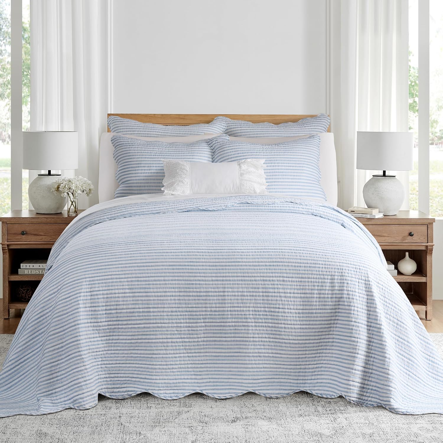 Levtex Home Martha Stripe Blue Reversible King Bedspread Set (120x106in) with 2 Pillow Shams (36x20in) - Stripe Bedding - Blue, White - Cotton King Size Bedspread Bedding Set - Lightweight, Soft