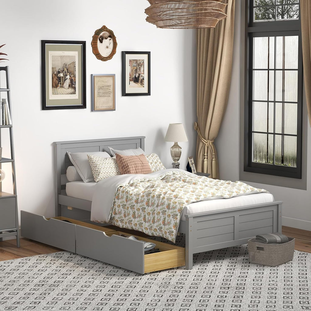 GOFLAME Twin Size Bed Frame with 2 Drawers, Platform Bed with Solid Wood Headboard & Footboard, Wood Slats Support Mattress Foundation, Under Bed Storage, No Box Spring Needed, Easy Assembly, Grey