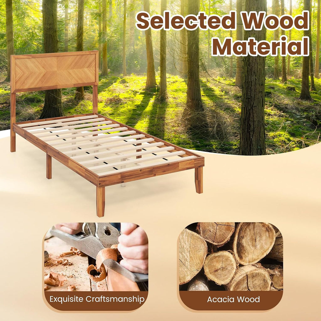 Giantex Wood Twin Bed Frames with Headboard, Solid Acacia Wood Platform Bed with 12 Strong Wooden Slat Support, Scandinavian Style Art Deco Twin Size Bed Frame, No Box Spring Needed, Rustic Brown