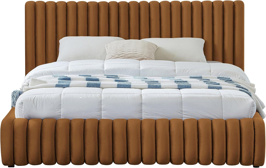 Meridian Furniture NicoSaddle-Q Nico Collection Modern | Contemporary Velvet Upholstered Queen Bed with Rich Saddle Velvet and Deep Channel Tufting, 74' W x 91' D x 38' H, Saddle, Queen