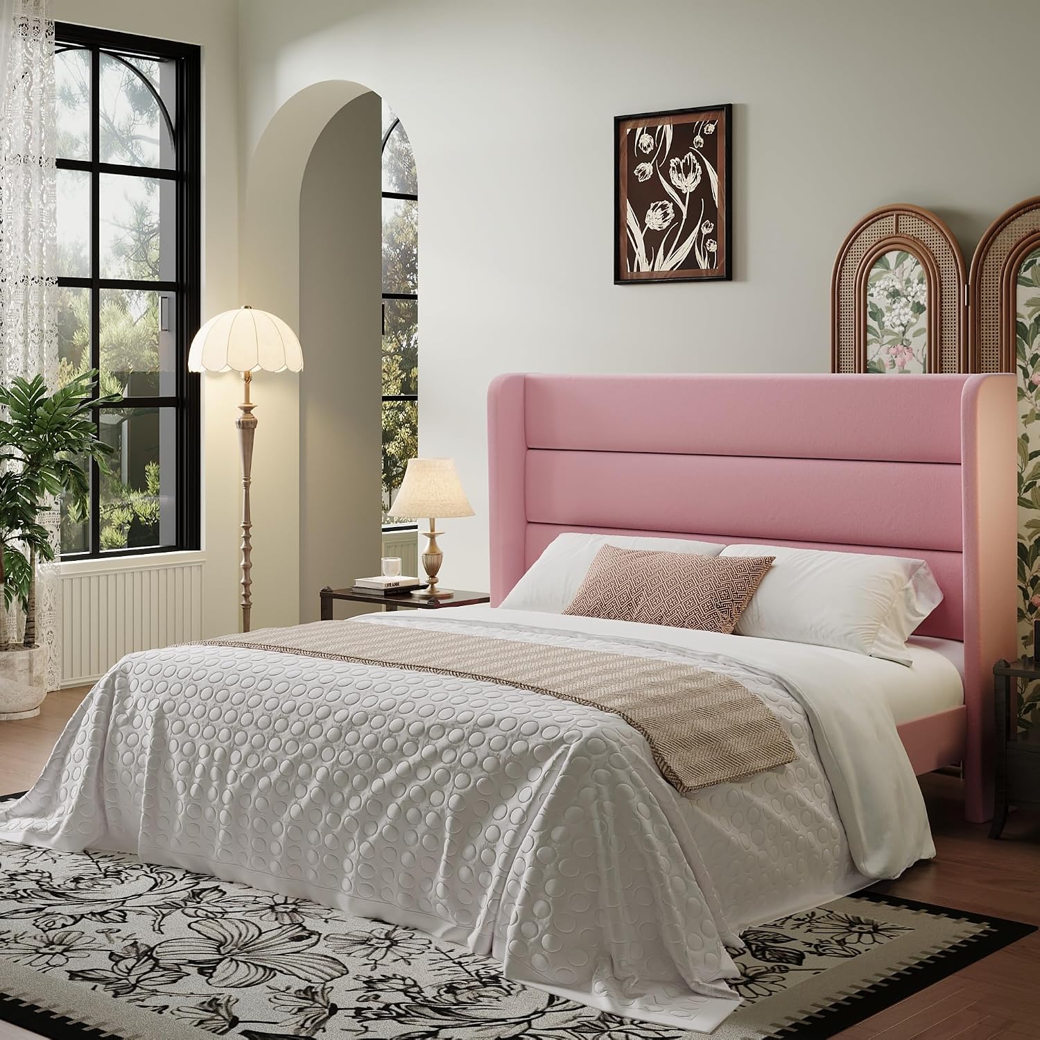 SHA CERLIN Full Size Velvet Bed Frame with Wingback Headboard/Upholstered Platform Bed with Wooden Slats/Mattress Foundation/No Box Spring Needed/Easy Assembly/Pink