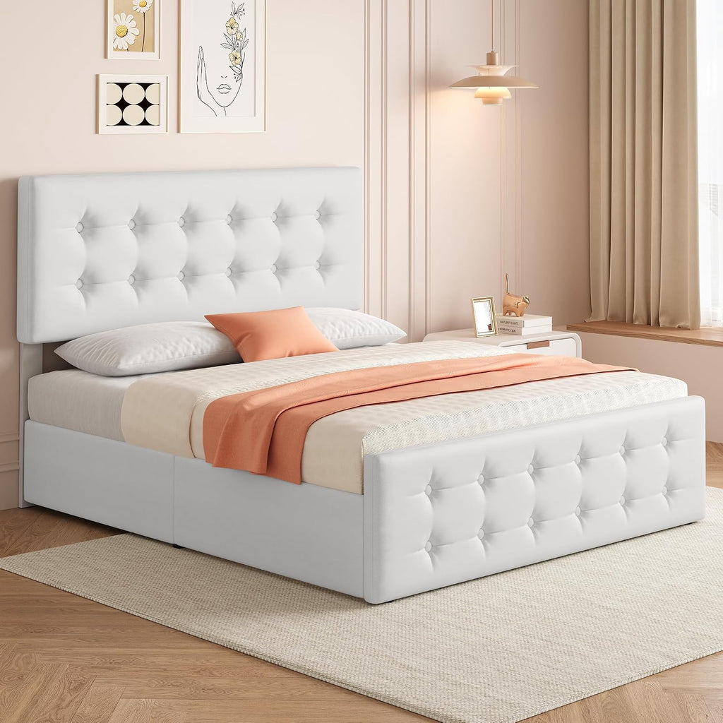 IDEALHOUSE Full Size Bed Frame with 4 Storage Drawers and Headboard, Faux Leather Upholstered Platform Bed Frame with Wooden Slats Support, Button Tufted Design, No Box Spring Needed, White