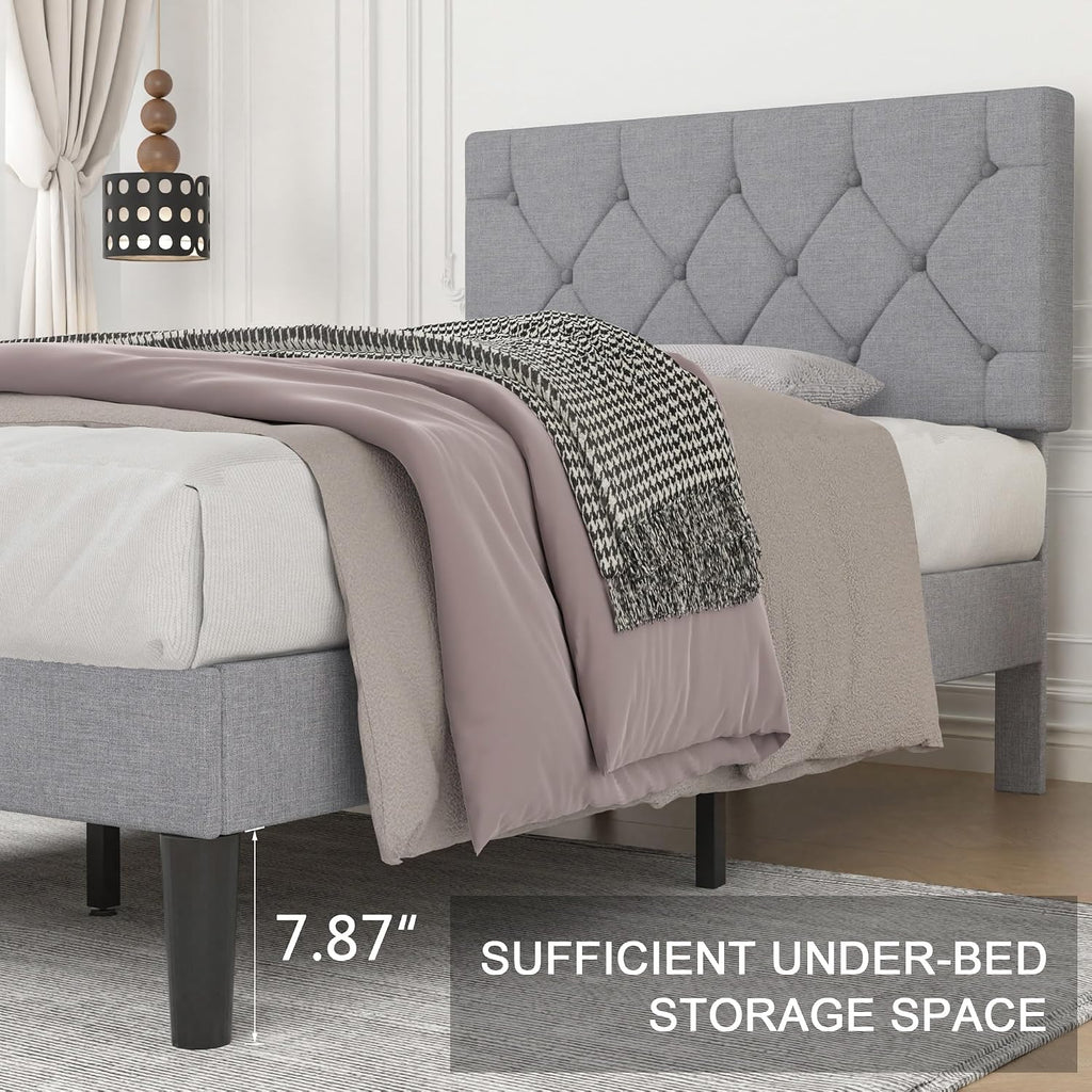 VECELO Twin Bed Frame with Button Tufted Headboard, Upholstered Platform with Wooden Slat Support, No Box Spring Needed, Linen Grey