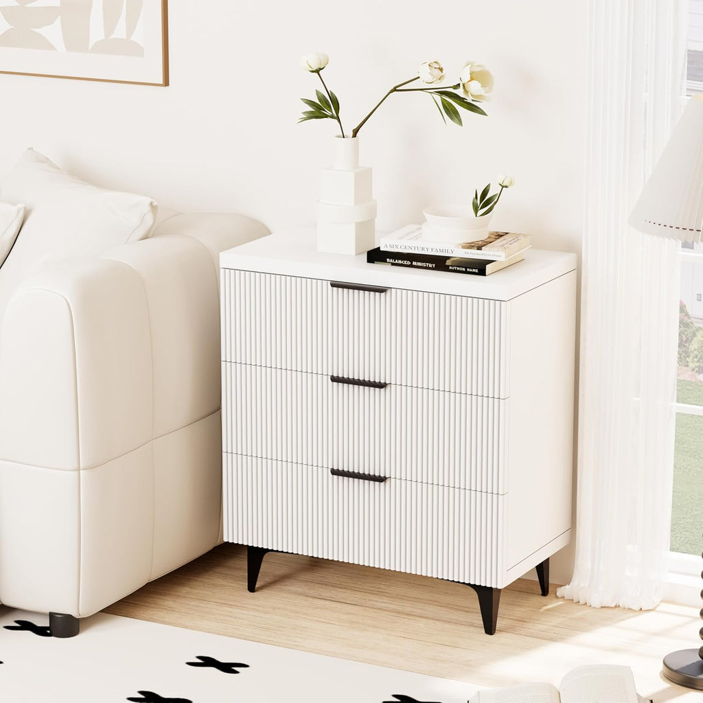 Royal Windsor Large Night Stand Fluted Nightstand with 3 Drawers, Side End Table with Storage, Modern Oversized Nightstands Bedside Table for Bedroom, White