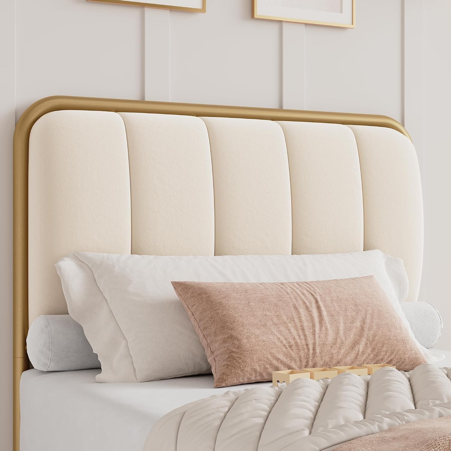 HITHOS Twin Size Bed Frame with Button Tufted Headboard, Upholstered Heavy Duty Metal Mattress Foundation with Wooden Slats, Easy Assembly, No Box Spring Needed (Golden/Off White, Twin)