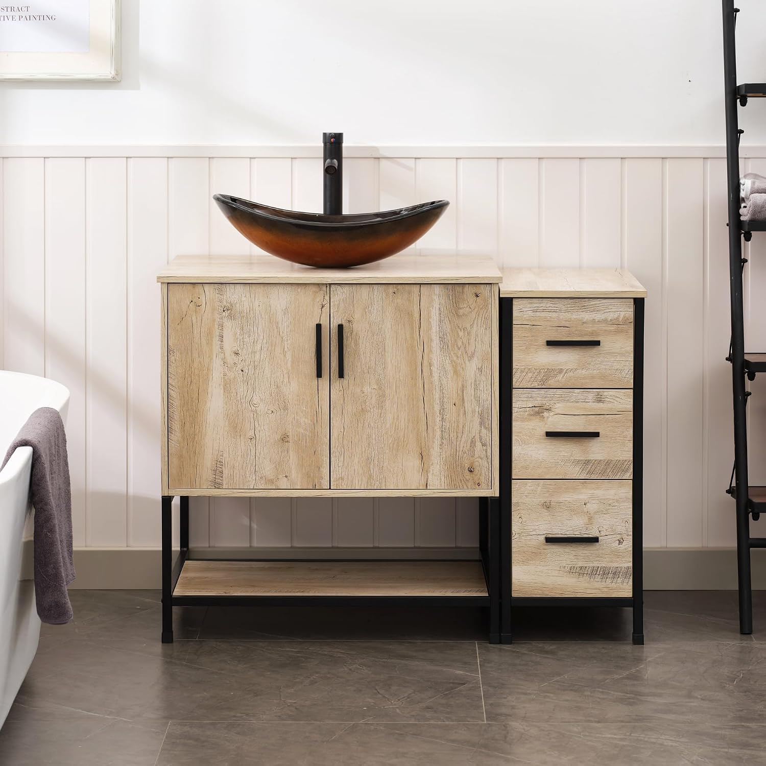 UEV 42' Rustic Oak Bathroom Vanity with Sink Combo,Industrial Iron Frame Bathroom Cabinet Sets with 3 Drawers Side Cabinet,Modern Brown Boat Tempered Glass Vessel Sink(029BR)