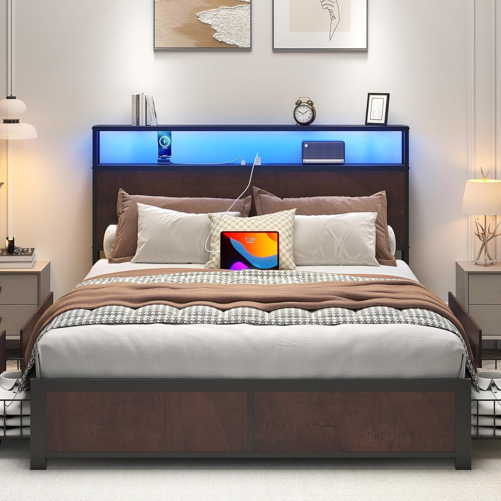 Lifezone Full Bed Frame with 2-Tier Storage Headboard, Metal Platform Bed Frame with 4 Storage Drawers, Built in Charging Station & LED, Noise-Free/Metal Support/No Box Spring Needed, Coffee Brown