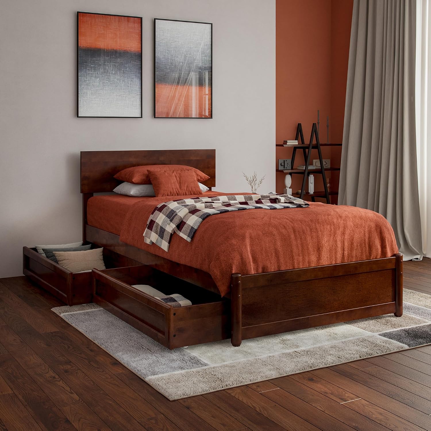 AFI, Wesley Twin XL Platform Bed with Panel Footboard & Storage Drawers, Walnut