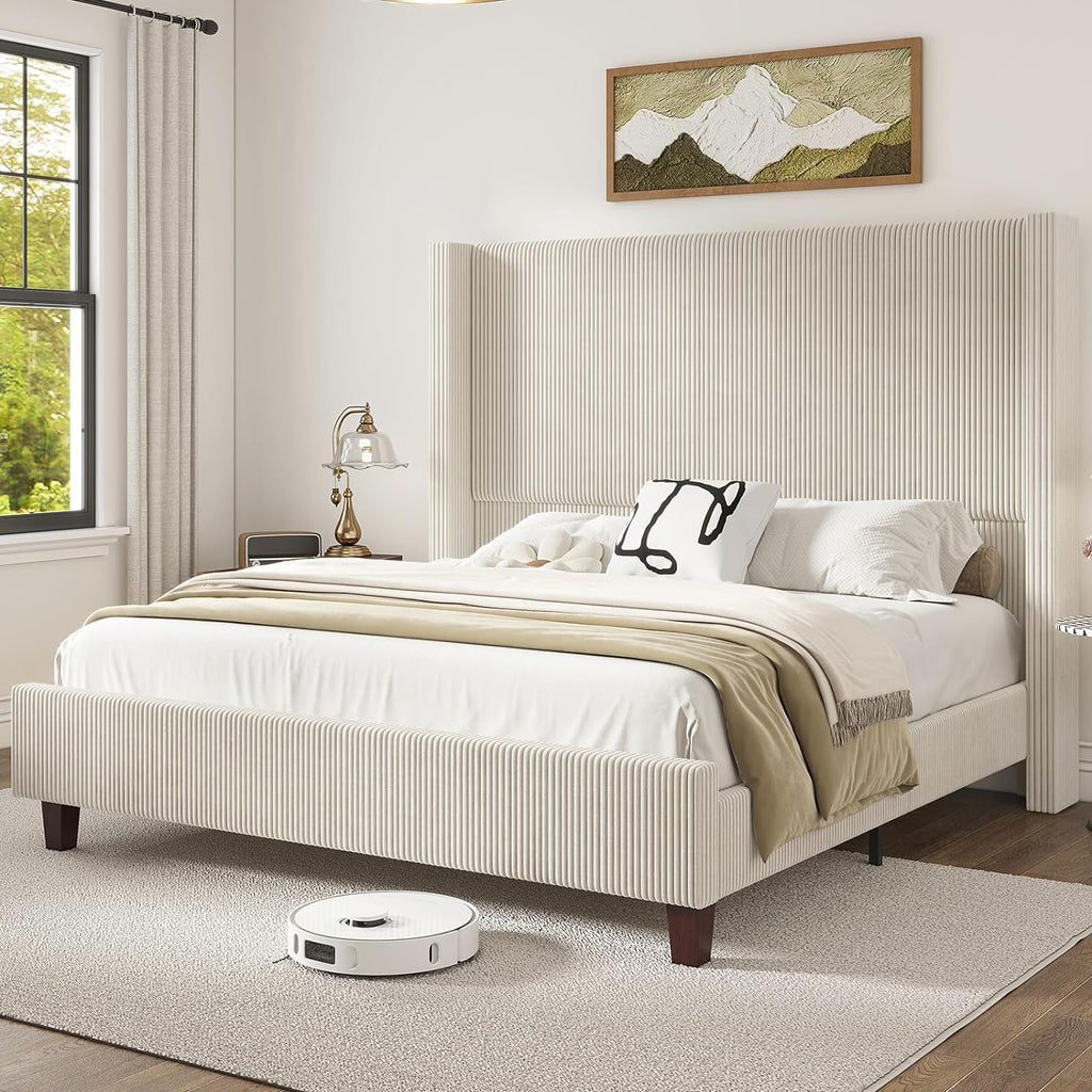 HOWE King Size Bed Frame with 61.4' Extra Tall Headboard, Corduroy Upholstered Bed with Vertical Wingback Headboard, No Box Spring Needed/Noise Free/Solid Wood Slats & Legs/Cream