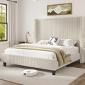 HOWE King Size Bed Frame with 61.4' Extra Tall Headboard, Corduroy Upholstered Bed with Vertical Wingback Headboard, No Box Spring Needed/Noise Free/Solid Wood Slats & Legs/Cream
