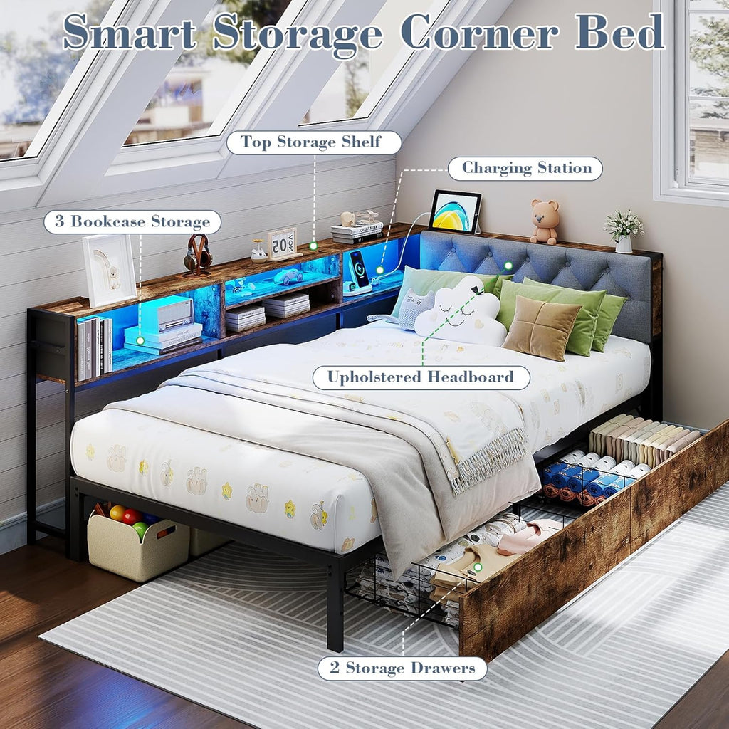 Doltoro Corner Bed Frame with Storage Bookcase and LED Lights Twin XL Platform Bed Frame with Upholstered Headboard and Charging Station, Twin XL Daybed with 2 Storage Drawers, Rustic Brown & Gray