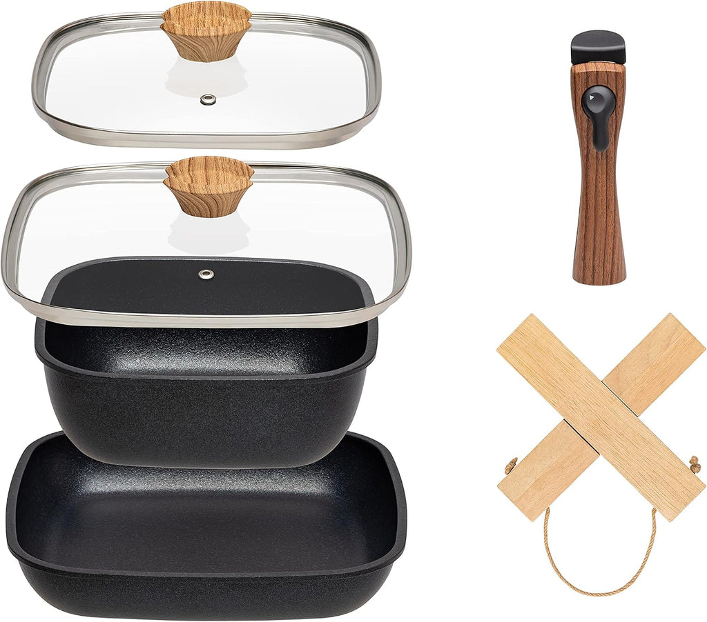 IRIS USA Non Stick Cast Aluminum Fry Pans with Removable Handles and Collapsible Wood Trivet - 6 Piece Kitchen Cookware Sets, Square