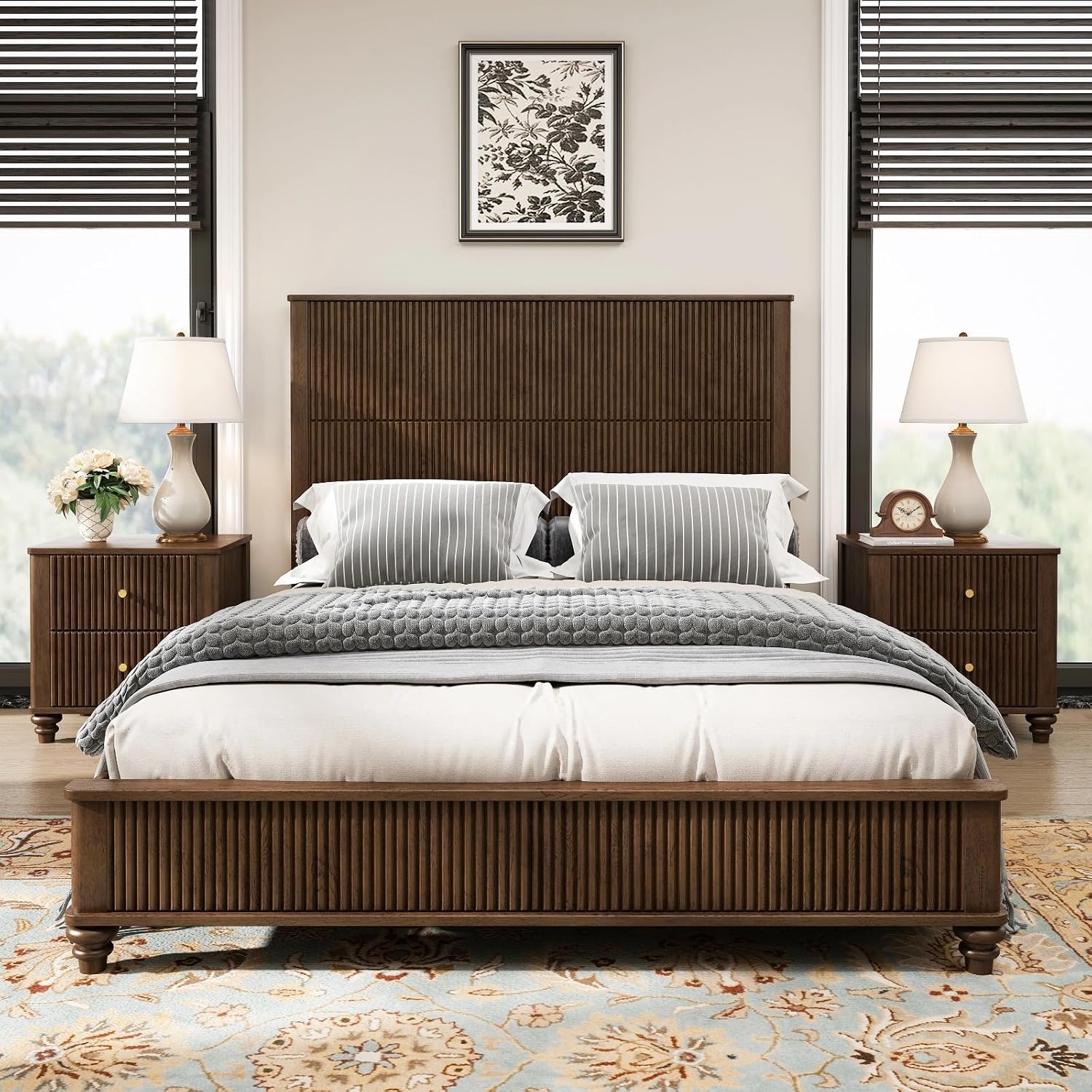 Solid Wood Queen Platform Bed Frame with Headboard, Tall Walnut Finish, No Box Spring Needed, Durable Slat Support for Memory Foam Mattresses, Elegant Design (Walnut, Queen)