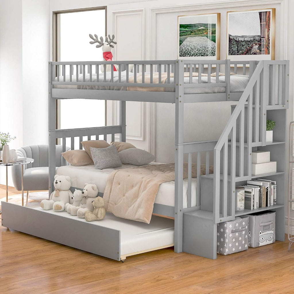 Harper & Bright Designs Twin-Over-Twin Bunk Bed with Trundle and Storage Staircase, Solid Wood 3 in 1 Stairway Bunk Bed with Trundle