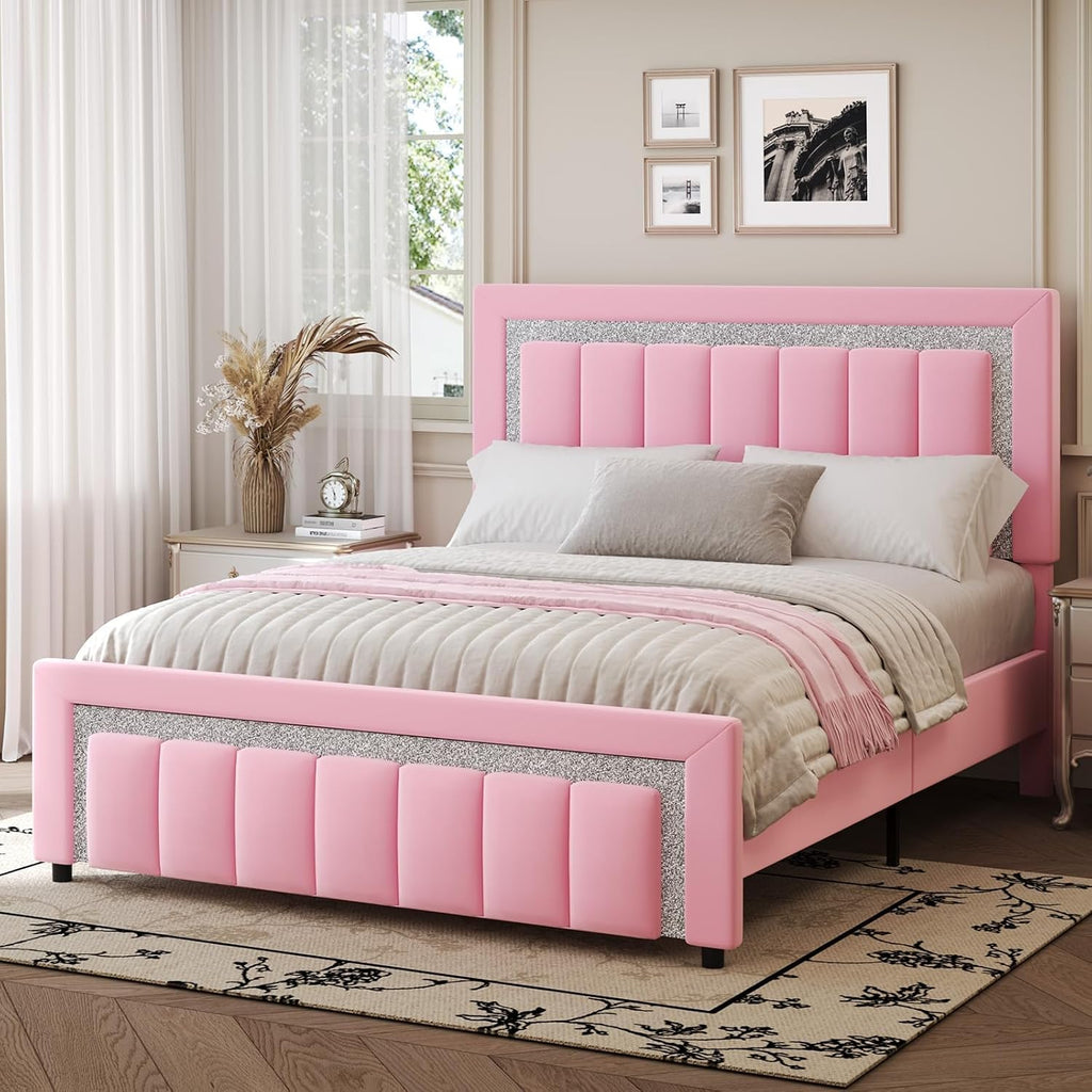 HOMBCK Full Size Bed Frame with Diamond Headboard, Full Bed Frame with Velvet Headboard and Footboard, Upholstered Platform Bed with Wooden Slats, No Box Spring Needed, Easy Assembly, Pink