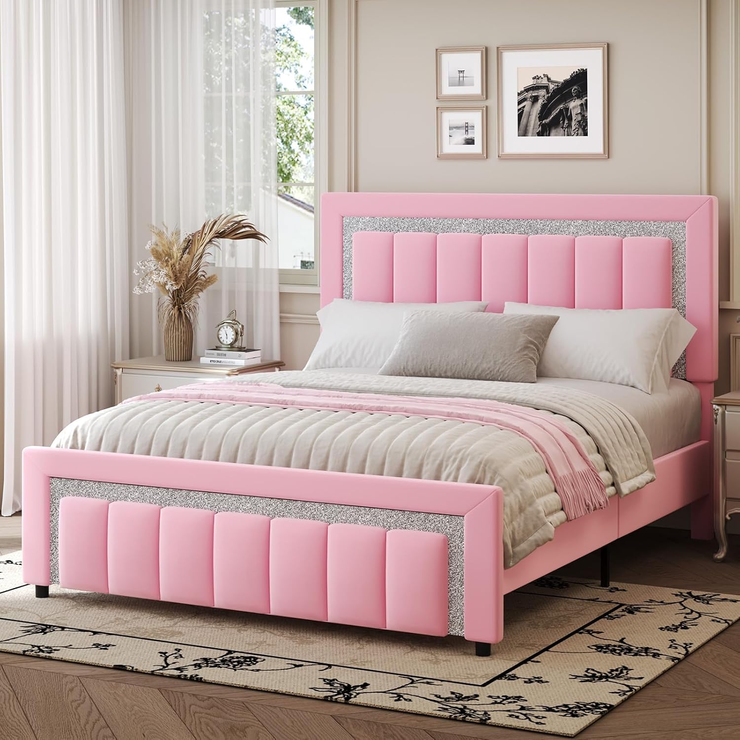 HOMBCK Full Size Bed Frame with Diamond Headboard, Full Bed Frame with Velvet Headboard and Footboard, Upholstered Platform Bed with Wooden Slats, No Box Spring Needed, Easy Assembly, Pink